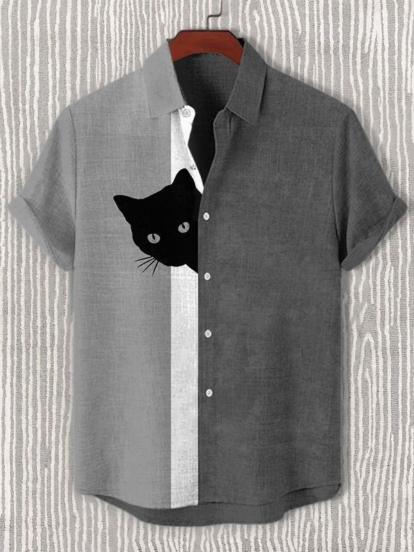 Men's Black Cat Playing Guitar Animal Graphic Art Print Shirt