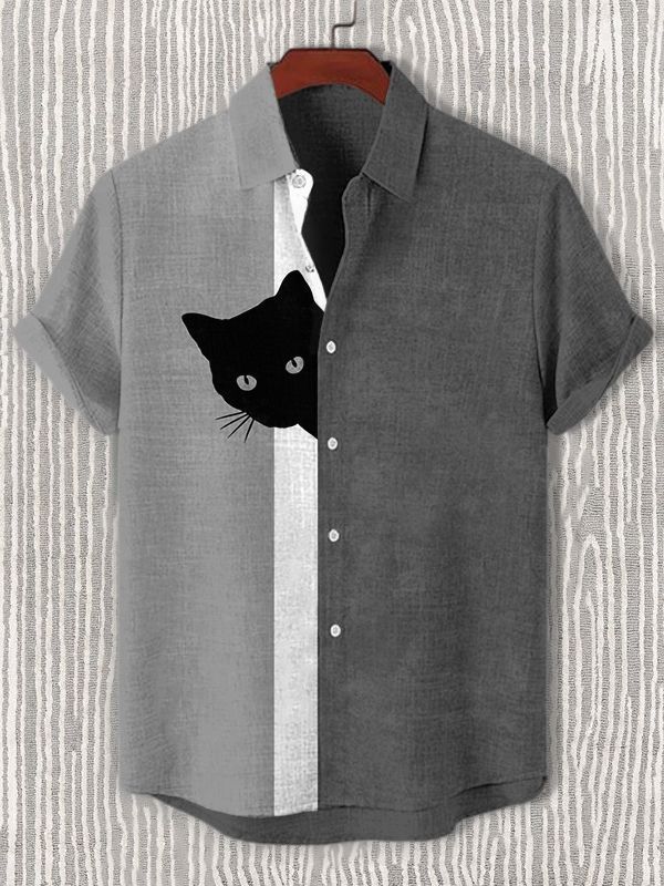 Men's Black Cat Playing Guitar Animal Graphic Art Print Shirt