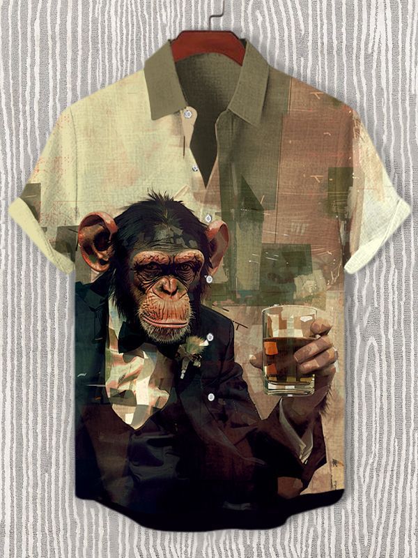 Men's Vintage Orangutan Gentleman Whiskey Short Sleeve Shirt