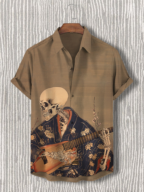 Men's Skull Playing Guitar Music Short Sleeve Shirt