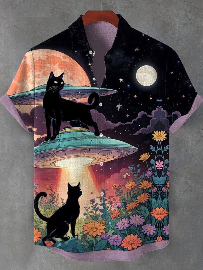 Men's Hawaiian Spaceship Black Cat Animal Print Short Sleeve Shirt