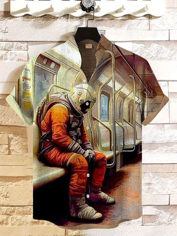 Men's Vintage Space Astronaut Short Sleeve Shirt