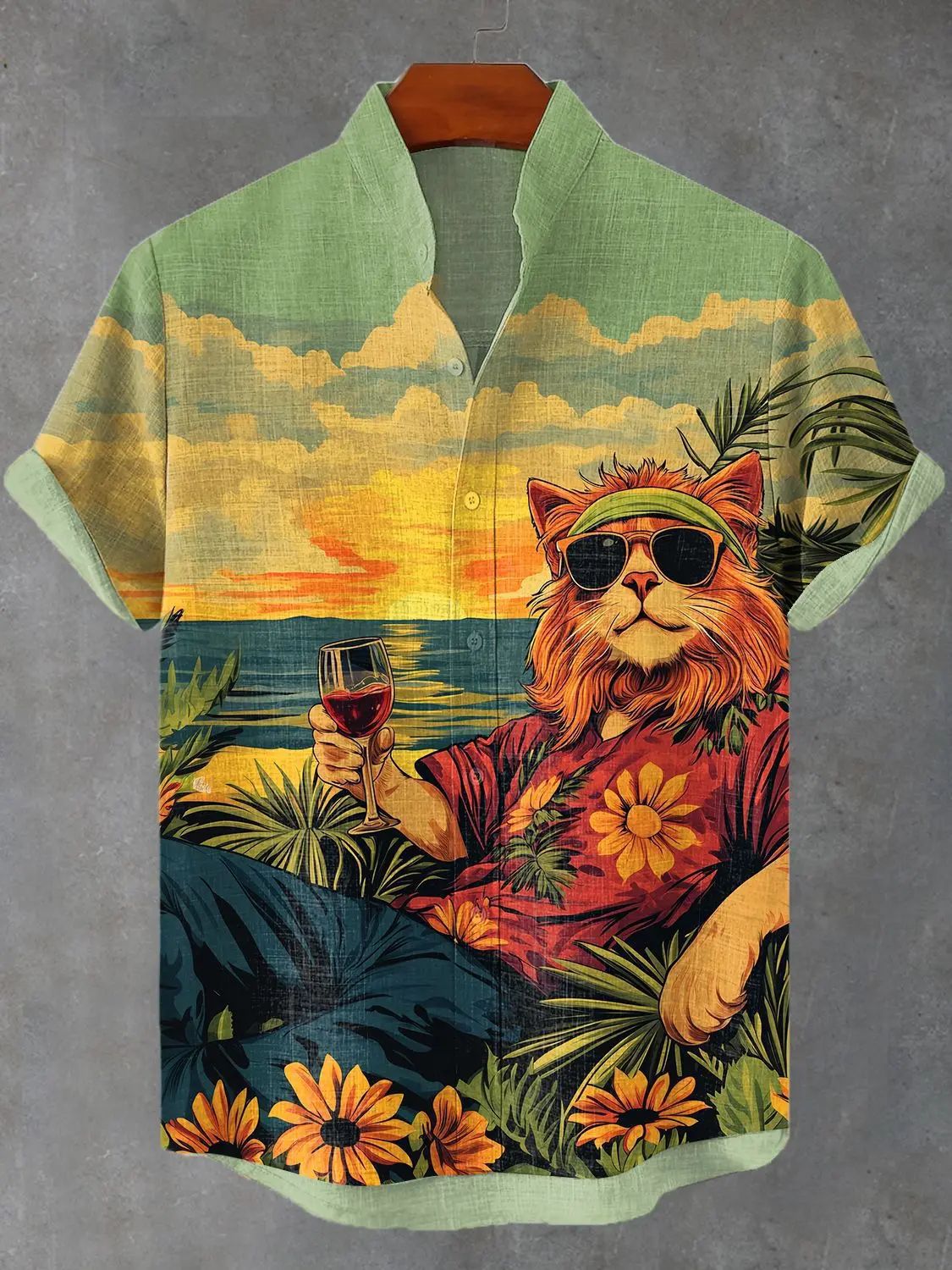 Men's Hawaiian Cat Animal Graphic Art Print Shirt