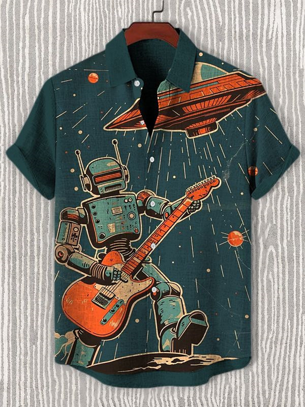 Men's Retro Spaceship Robot Playing Guitar Short Sleeve Shirt