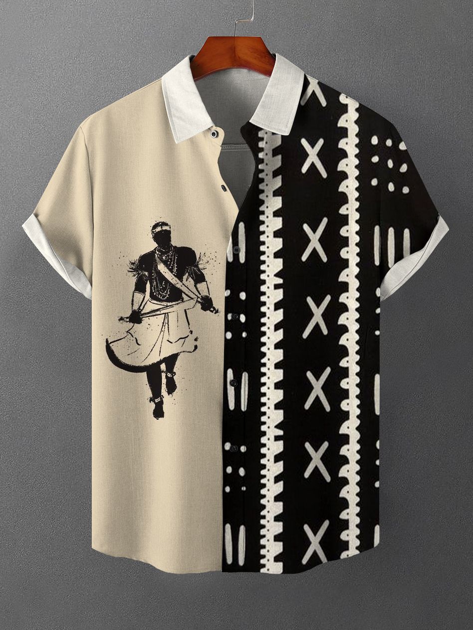 Retro Men's Ethnic Contrast Pattern Short Sleeve Shirt