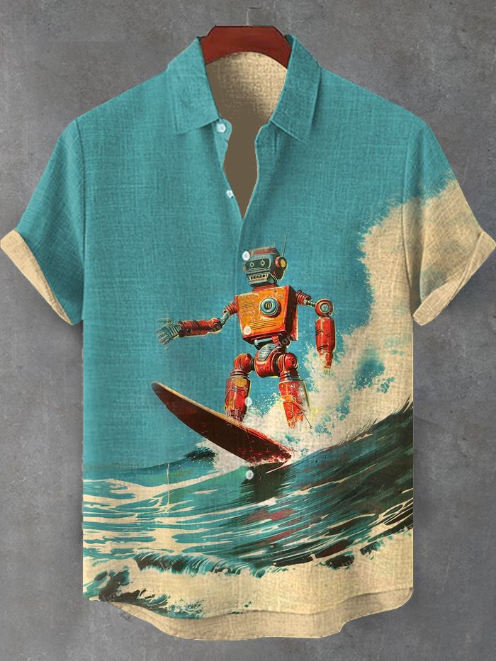 Men's Hawaiian Retro Robot Surf Short Sleeve Shirt
