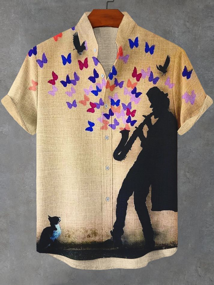Men's Musical Design Butterfly Pattern Short Sleeve Shirt