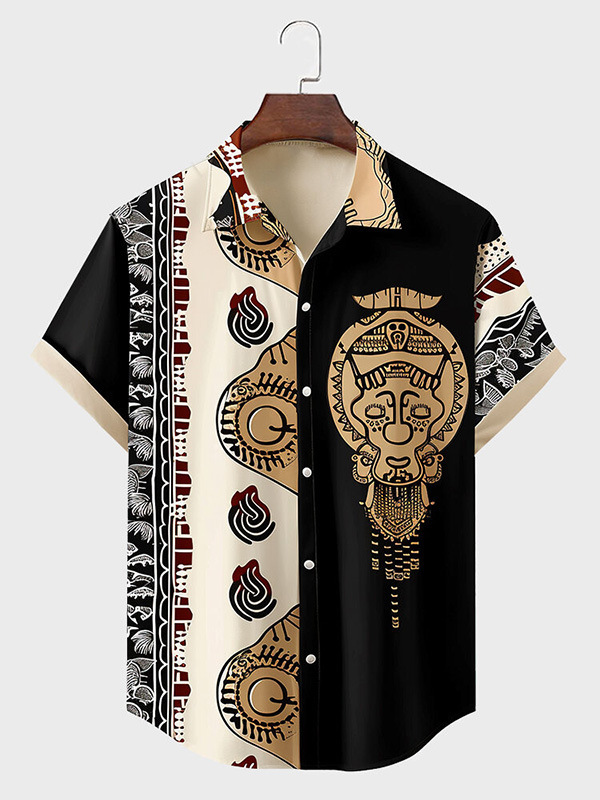 Men's Retro Ethnic Totem Color Block Art Print Short Sleeve Shirt
