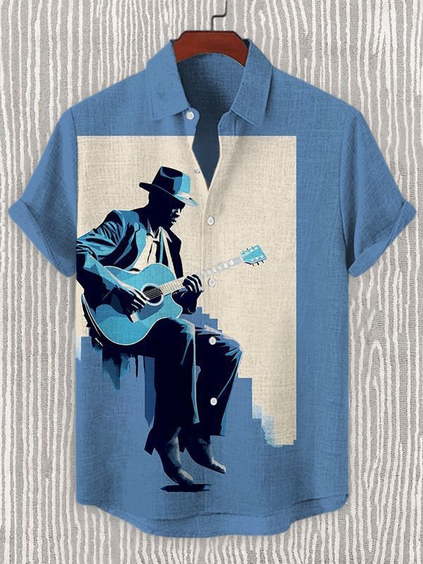 Stylish Blue Print Cotton Linen Shirt