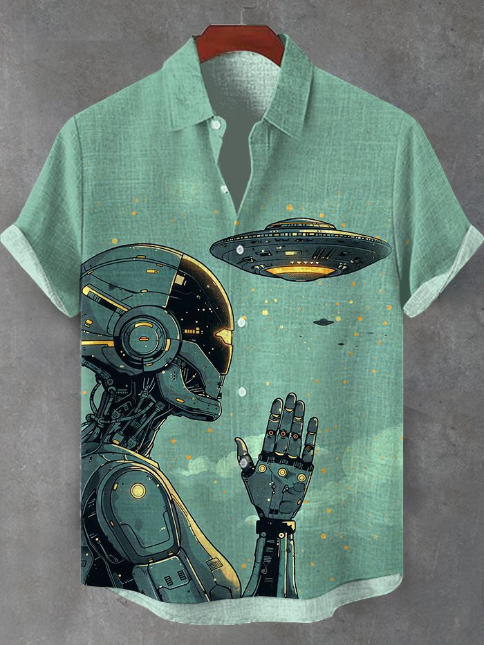 Men's Spaceship & Robot Short Sleeve Shirt