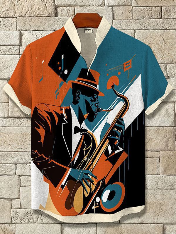Men's Saxophone Abstract Pattern Short Sleeve Shirt