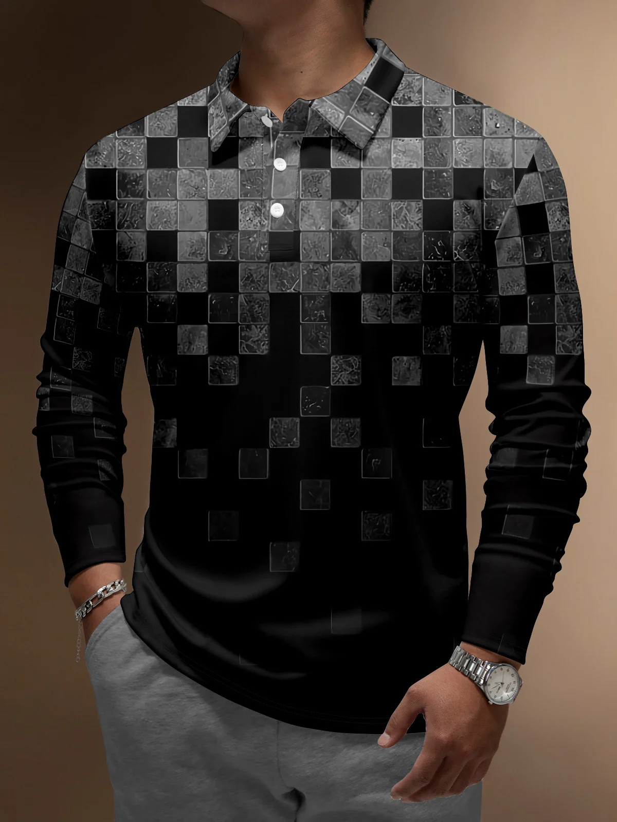 Men's Casual Long Sleeve Button-Down Polo Shirt