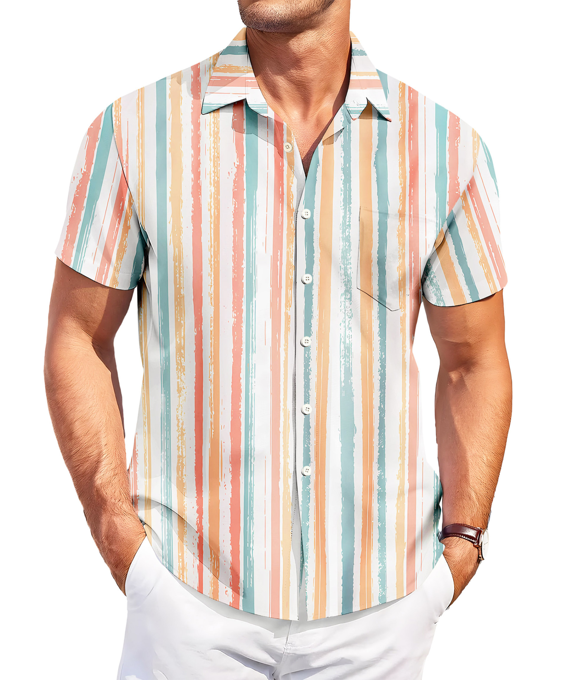 Men's Short Sleeve Button Down Shirt, Pastel Striped Pattern, Casual Summer Fit