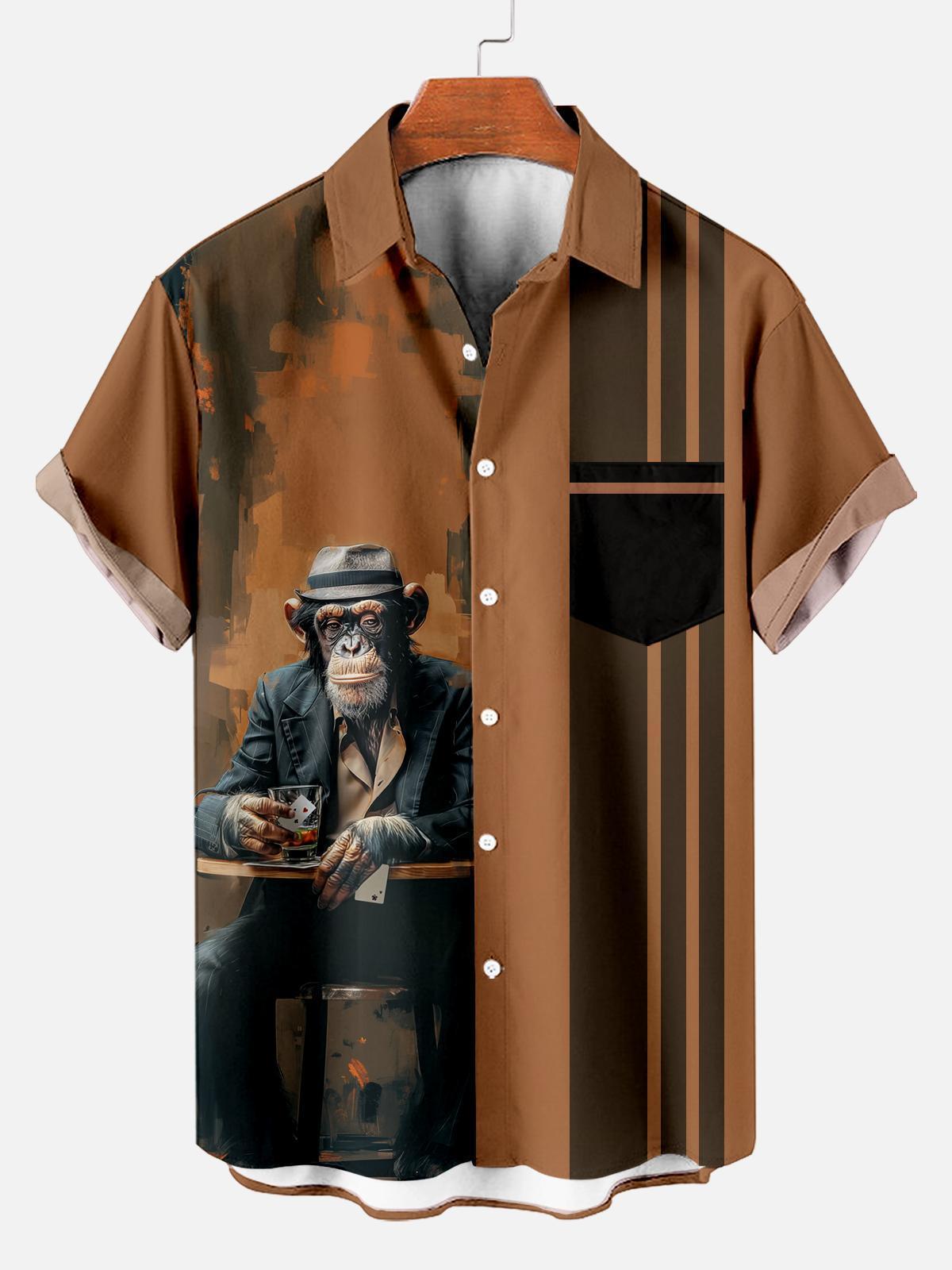 Retro Striped Anthropomorphic Animal Contrast Color Short Sleeve Printed Shirt