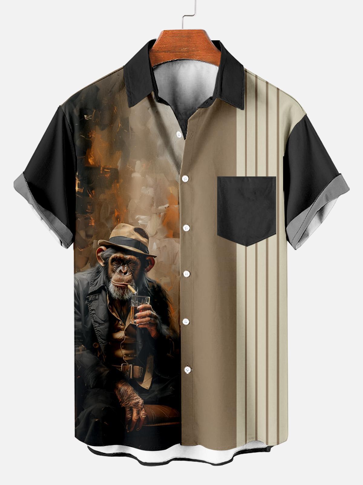 Retro Striped Anthropomorphic Animal Contrast Color Short Sleeve Printed Shirt