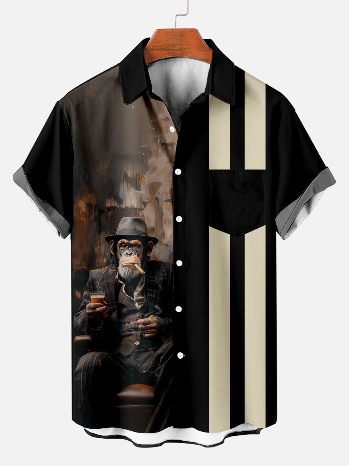 Retro Striped Anthropomorphic Animal Contrast Color Short Sleeve Printed Shirt