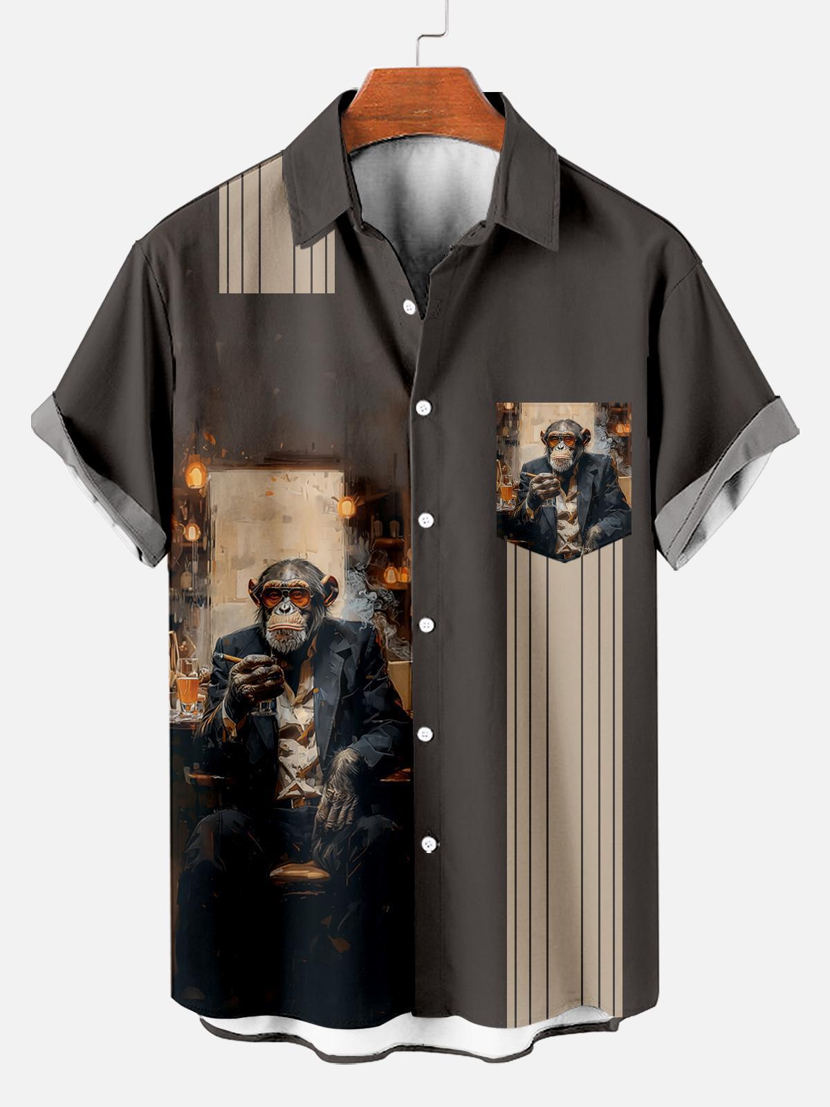 Retro Striped Anthropomorphic Animal Contrast Color Short Sleeve Printed Shirt