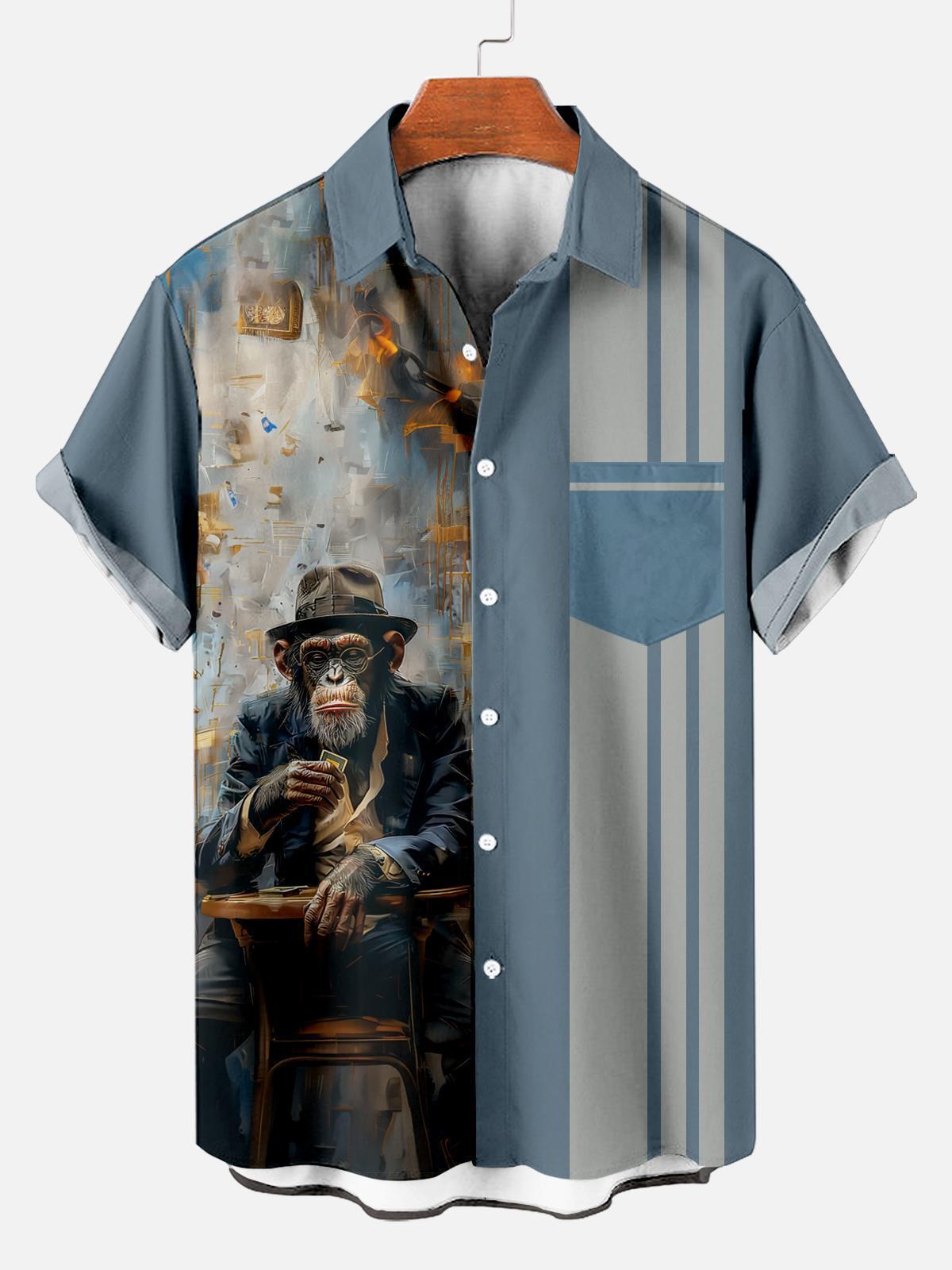 Retro Striped Anthropomorphic Animal Contrast Color Short Sleeve Printed Shirt