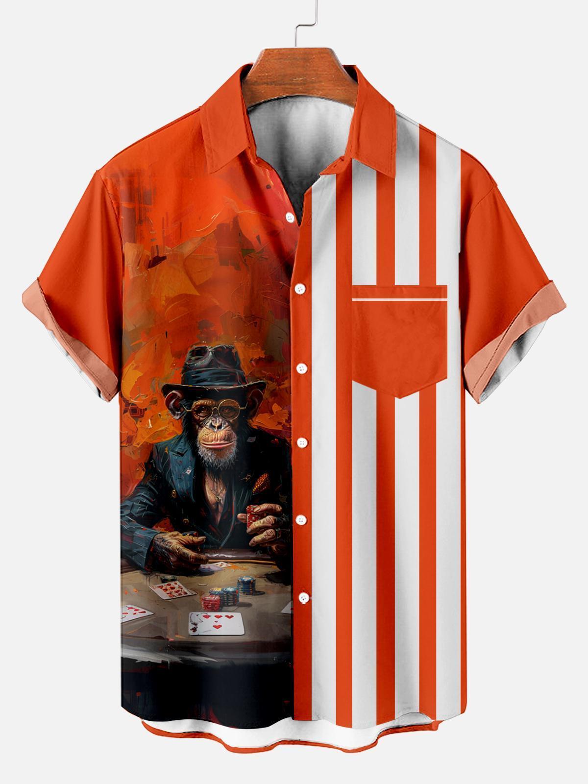 Retro Striped Anthropomorphic Animal Contrast Color Short Sleeve Printed Shirt