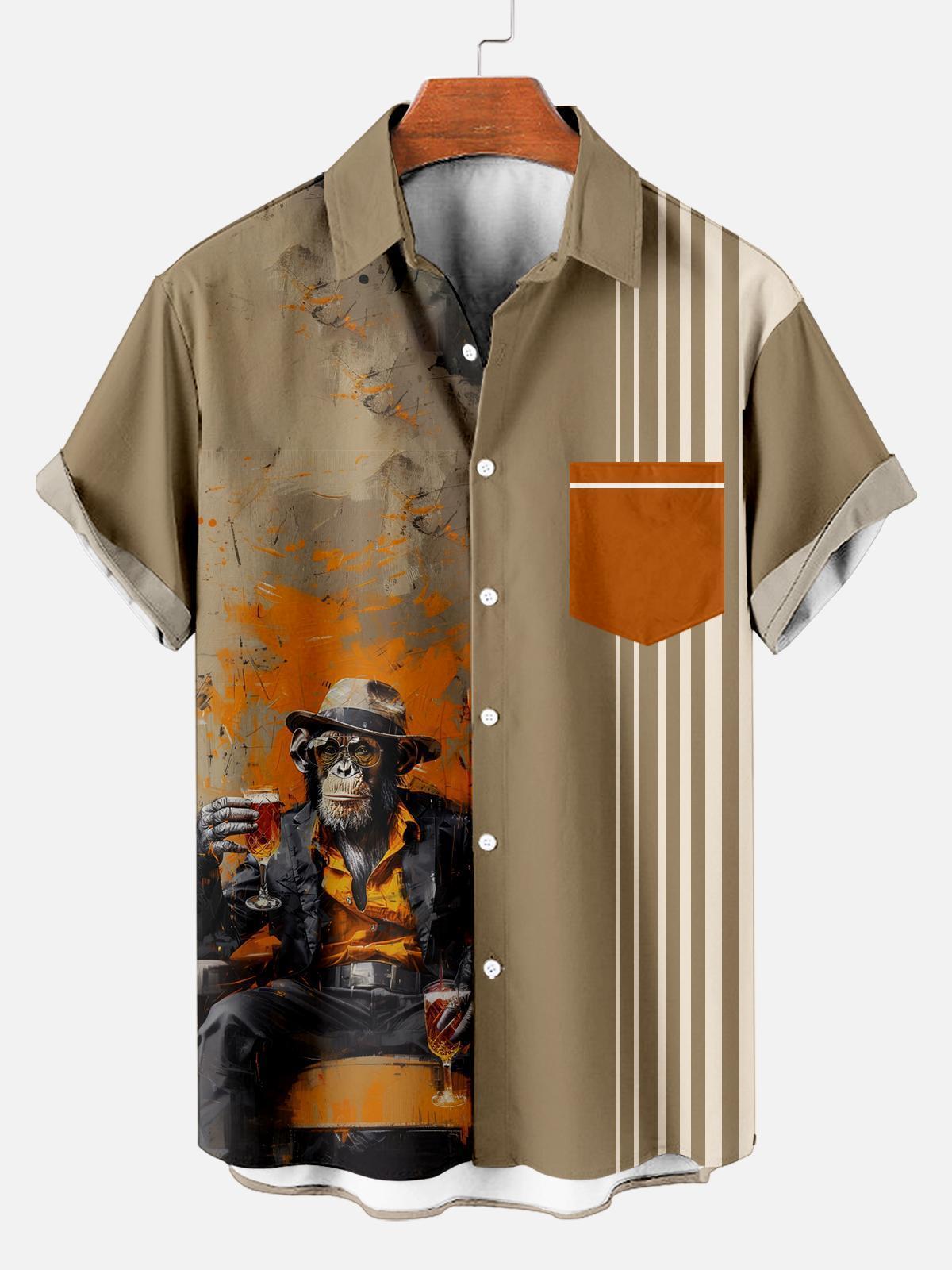 Retro Striped Anthropomorphic Animal Contrast Color Short Sleeve Printed Shirt