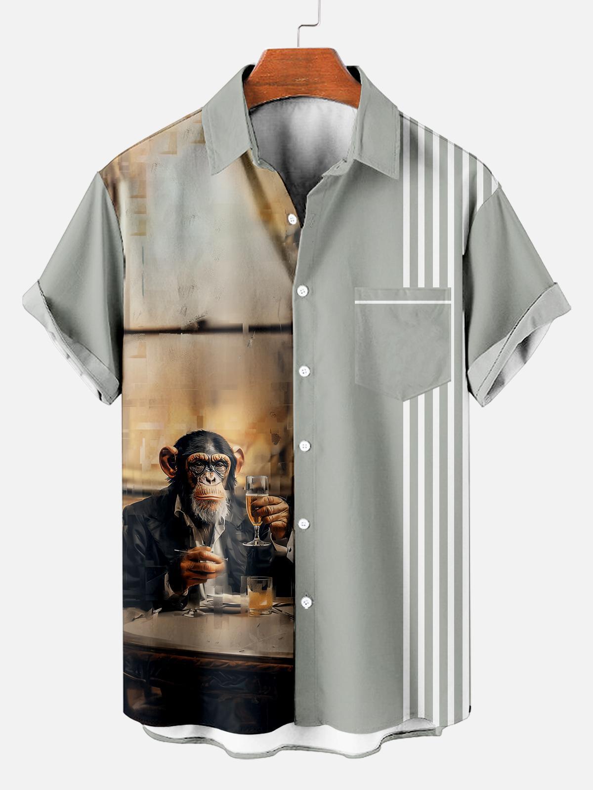 Retro Striped Anthropomorphic Animal Contrast Color Short Sleeve Printed Shirt