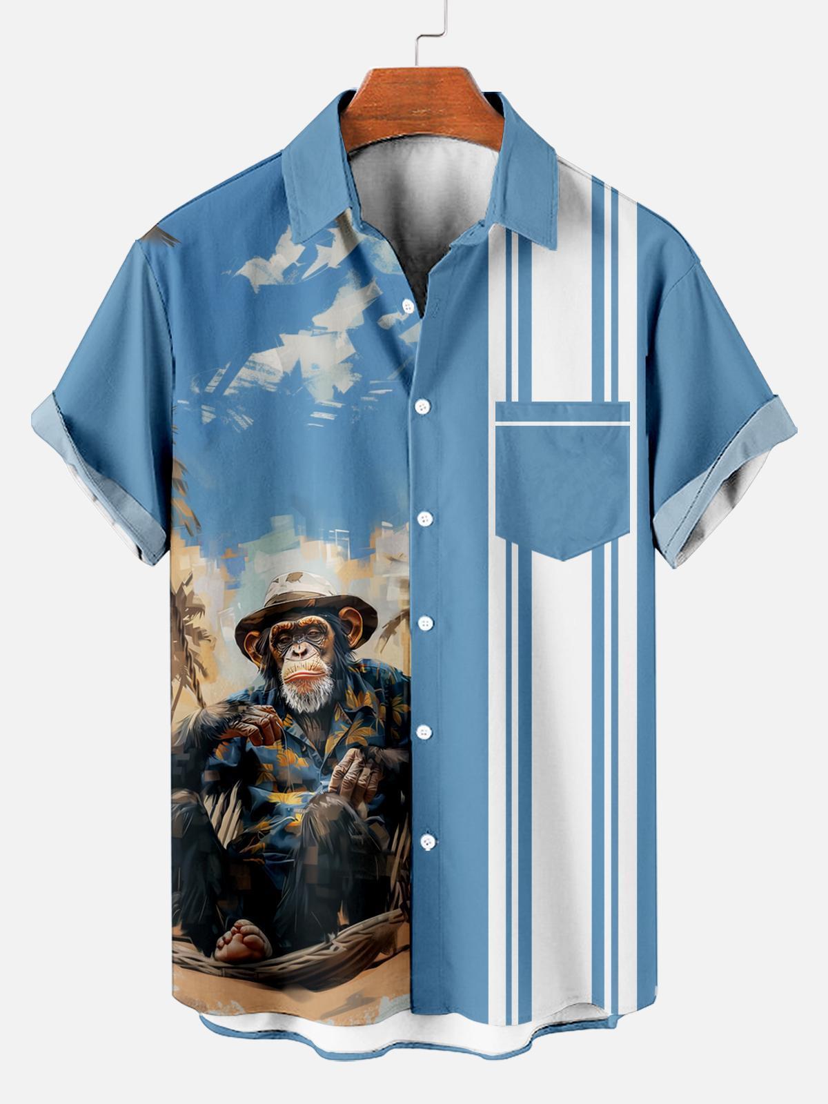 Retro Striped Anthropomorphic Animal Contrast Color Short Sleeve Printed Shirt