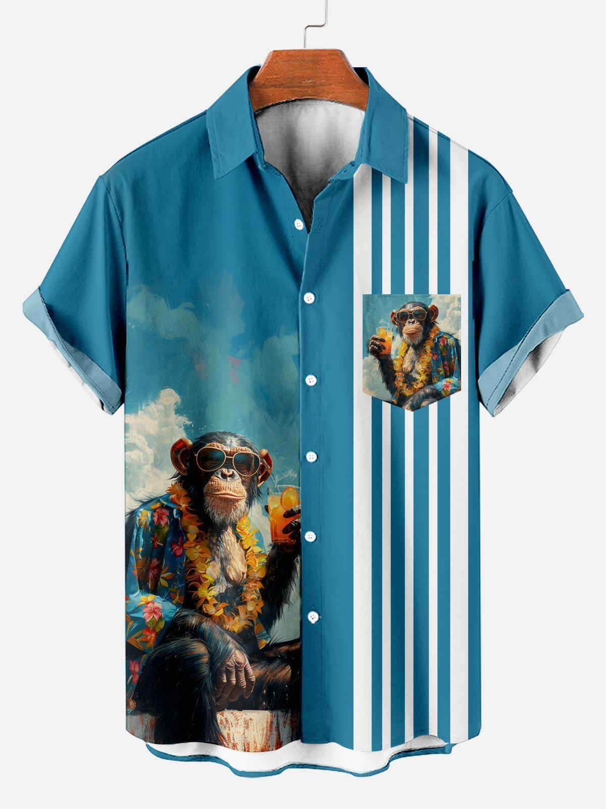 Retro Striped Anthropomorphic Animal Contrast Color Short Sleeve Printed Shirt