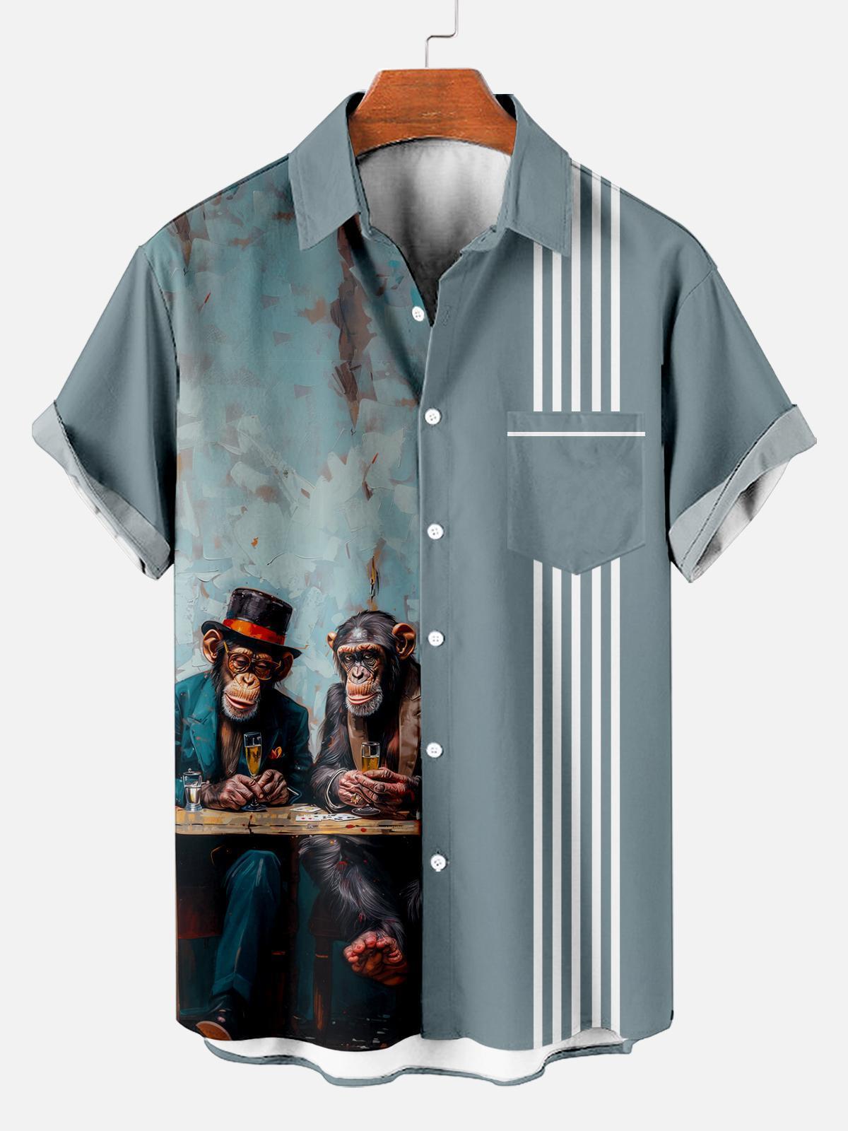 Retro Striped Anthropomorphic Animal Contrast Color Short Sleeve Printed Shirt