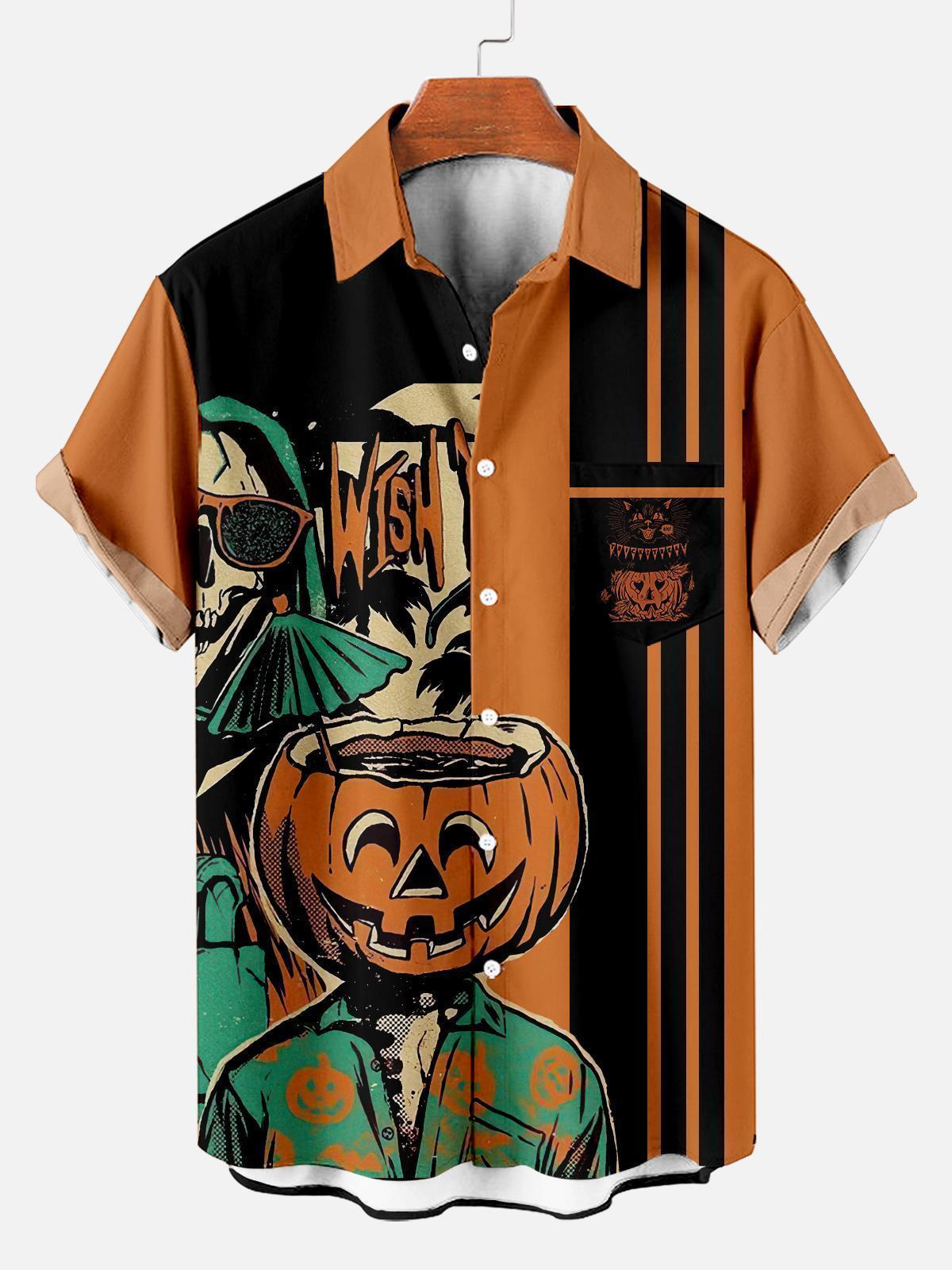 Men's Striped Halloween Pattern Short Sleeve Shirt