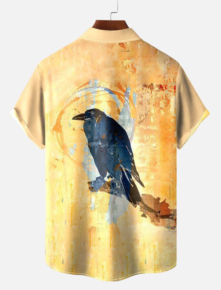 Vintage Men's Crow Pattern Short Sleeve Shirt