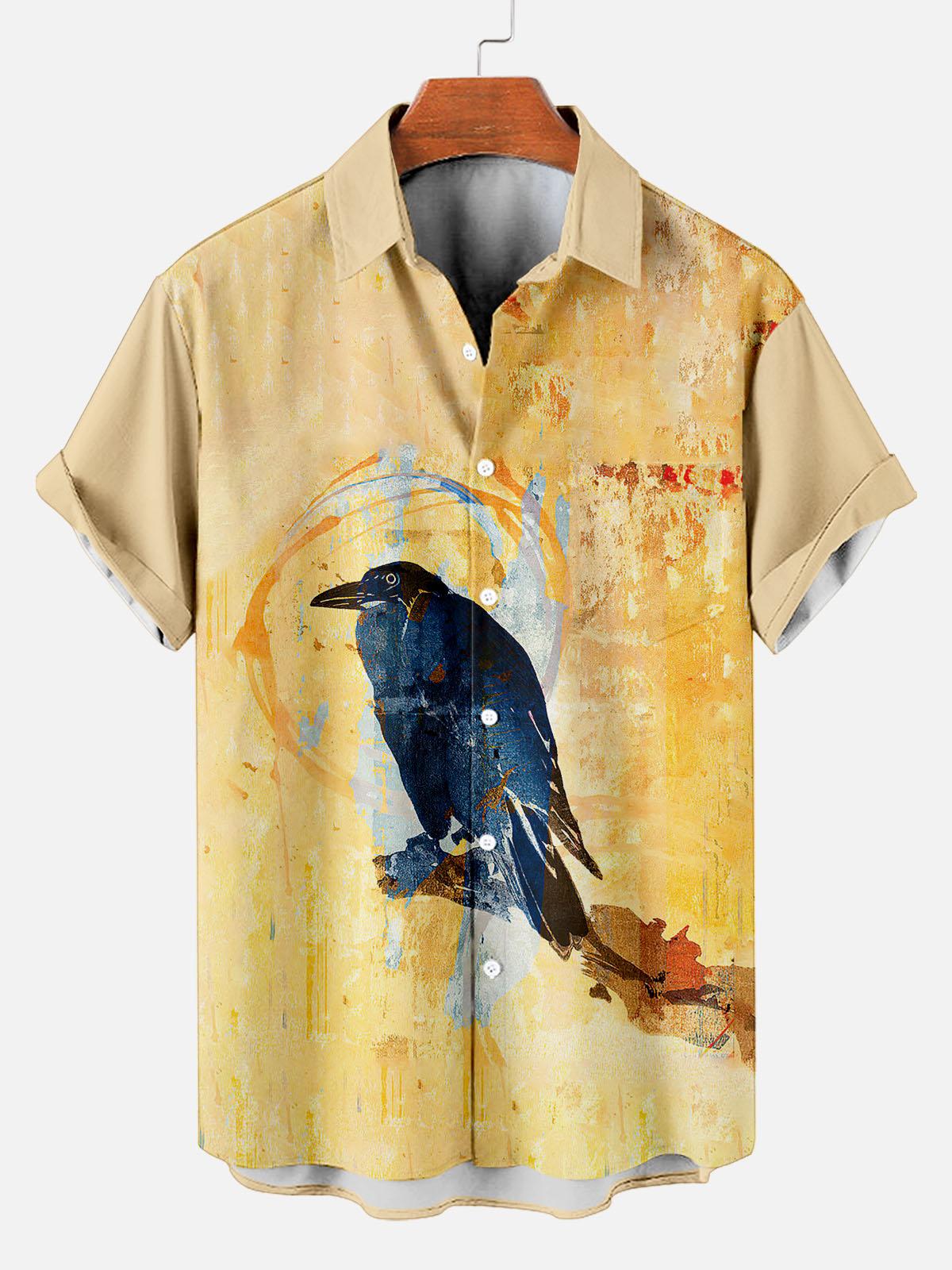 Vintage Men's Crow Pattern Short Sleeve Shirt