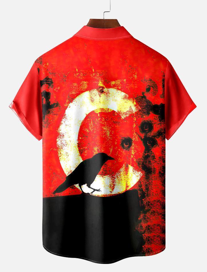 Vintage Men's Crow Pattern Short Sleeve Shirt