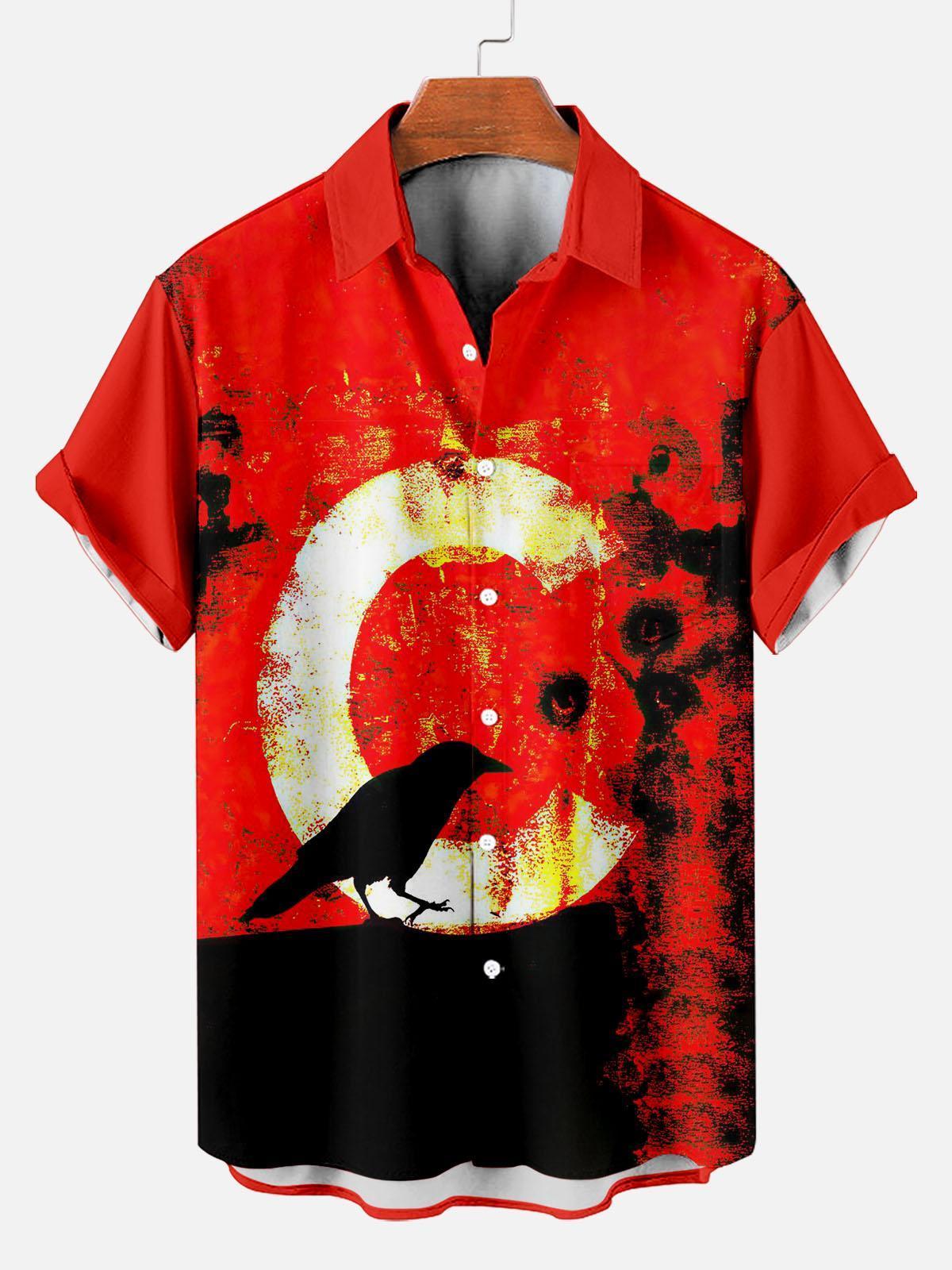 Vintage Men's Crow Pattern Short Sleeve Shirt