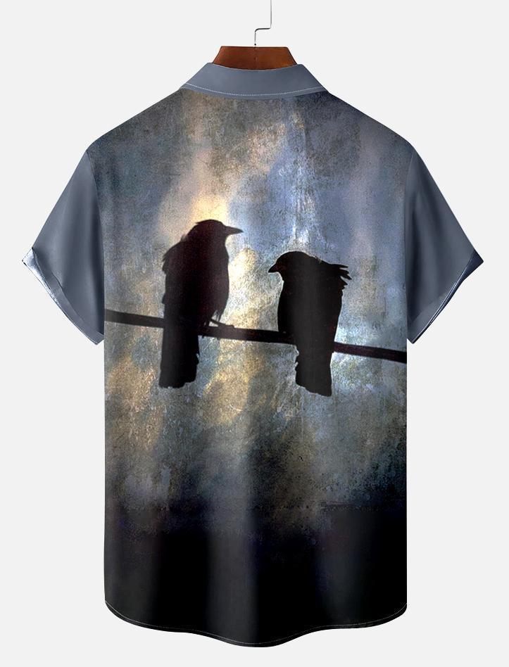 Vintage Men's Crow Pattern Short Sleeve Shirt