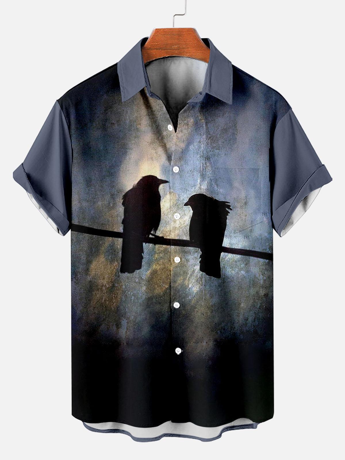 Vintage Men's Crow Pattern Short Sleeve Shirt