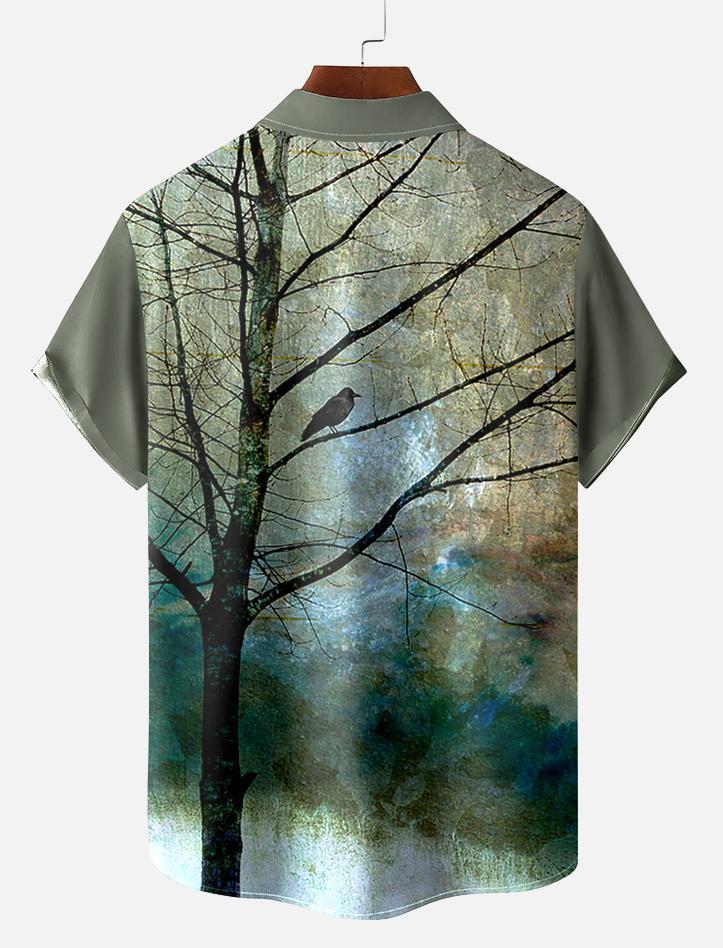 Vintage Men's Crow Pattern Short Sleeve Shirt