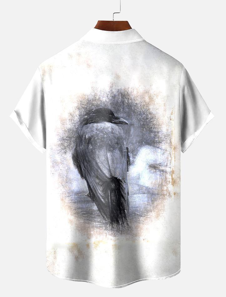 Vintage Men's Crow Pattern Short Sleeve Shirt