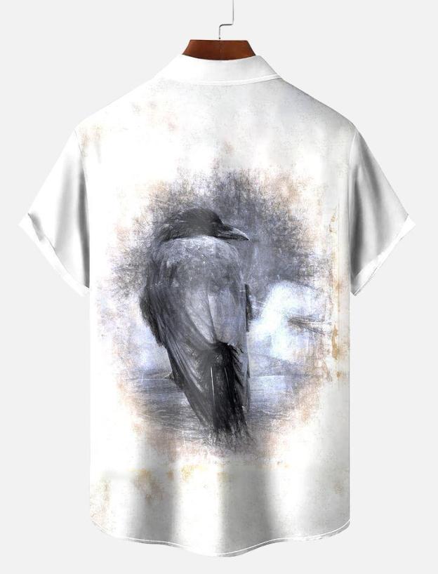 Vintage Men's Crow Pattern Short Sleeve Shirt