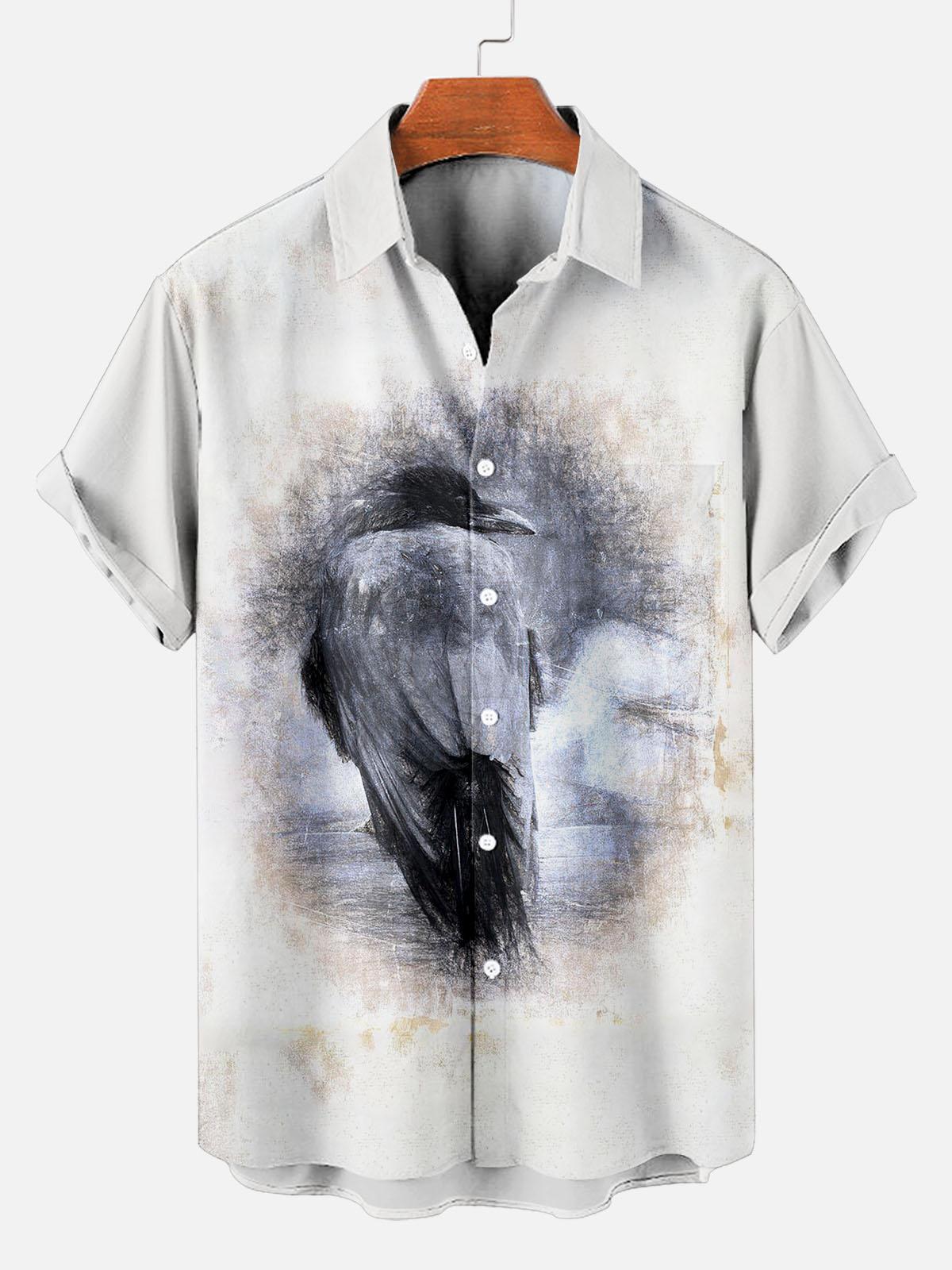 Vintage Men's Crow Pattern Short Sleeve Shirt