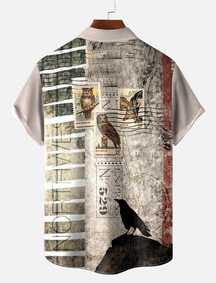 Vintage Men's Crow Pattern Short Sleeve Shirt