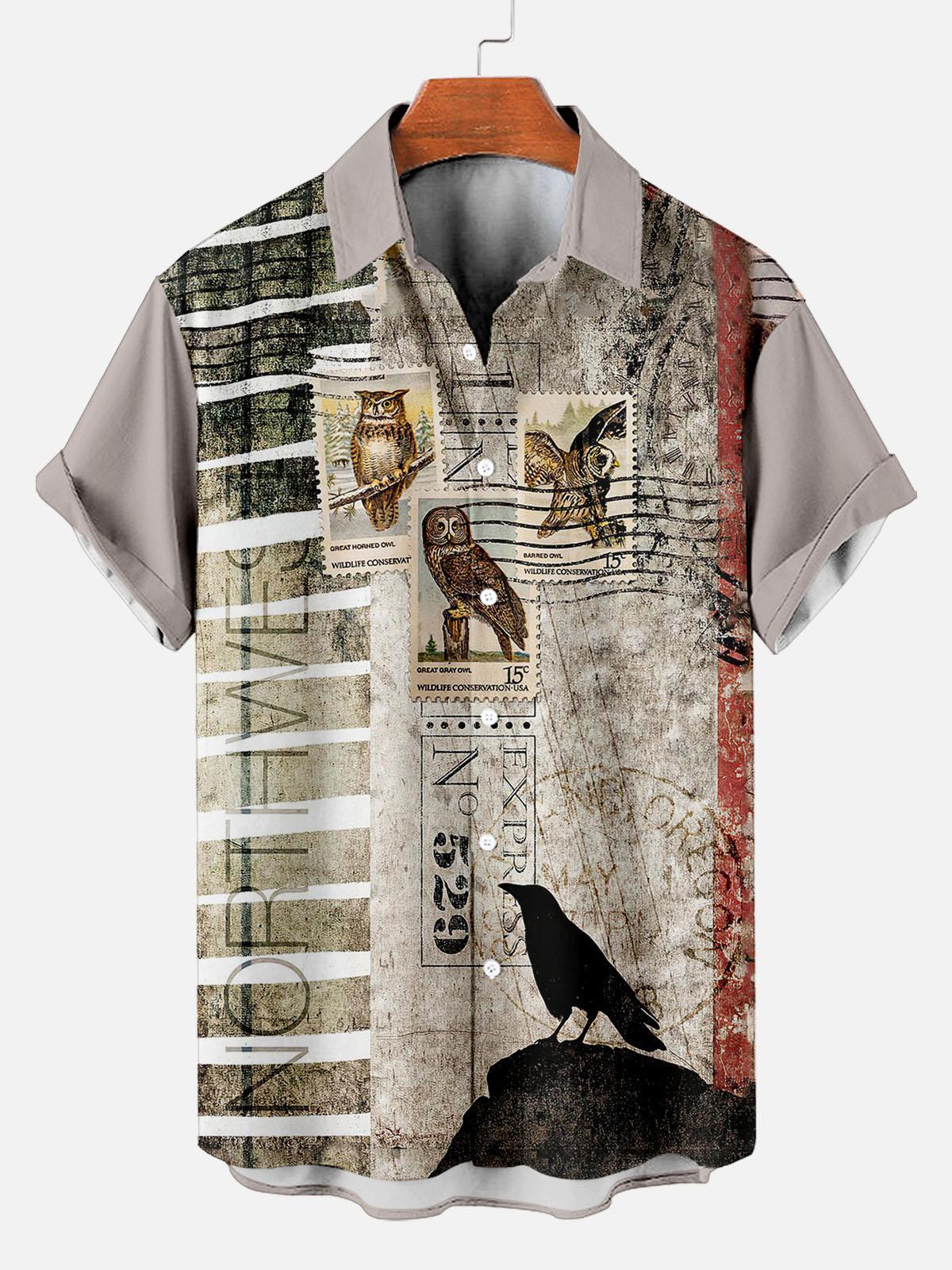 Vintage Men's Crow Pattern Short Sleeve Shirt
