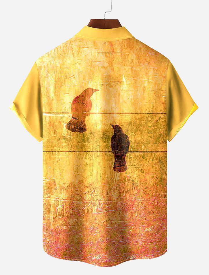 Vintage Men's Crow Pattern Short Sleeve Shirt