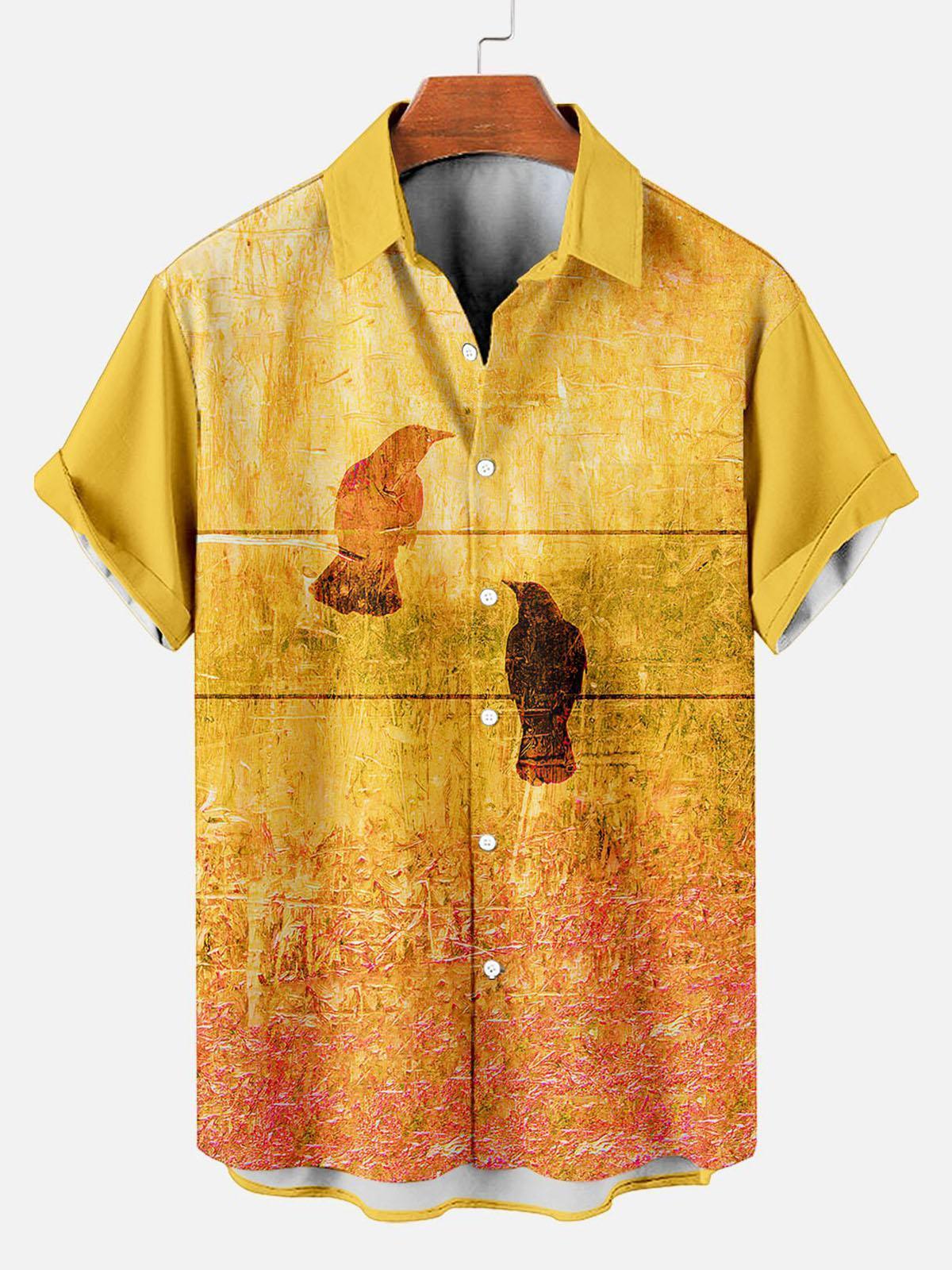Vintage Men's Crow Pattern Short Sleeve Shirt