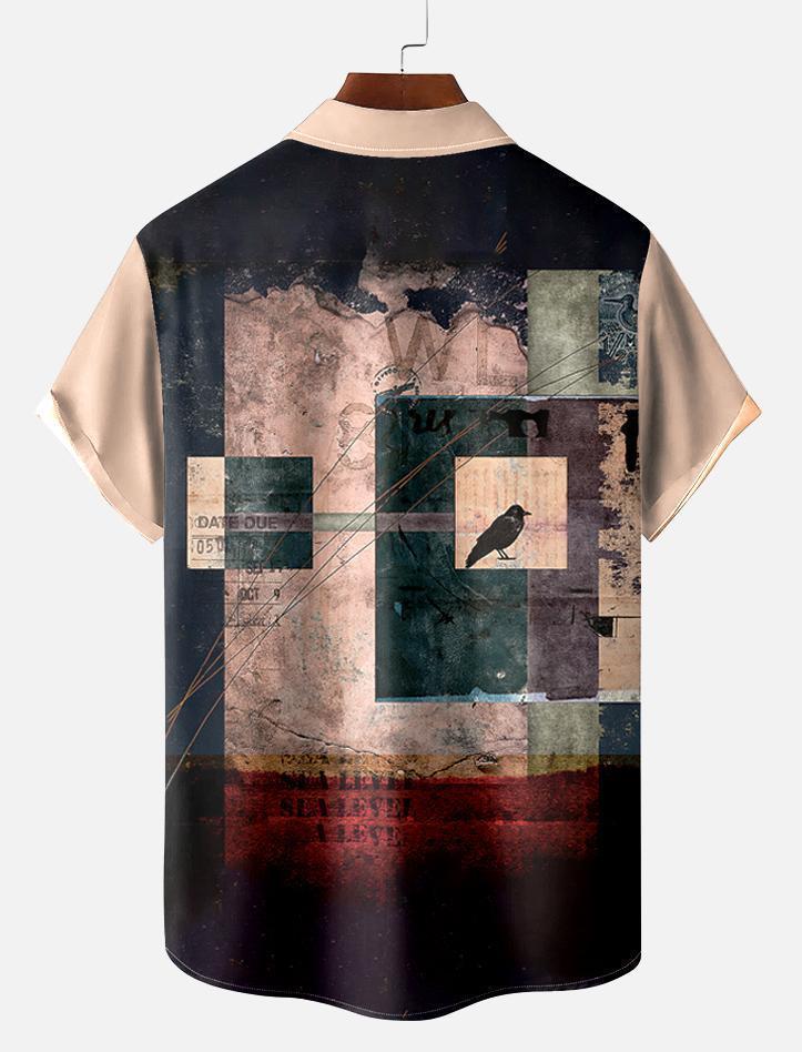 Vintage Men's Crow Pattern Short Sleeve Shirt