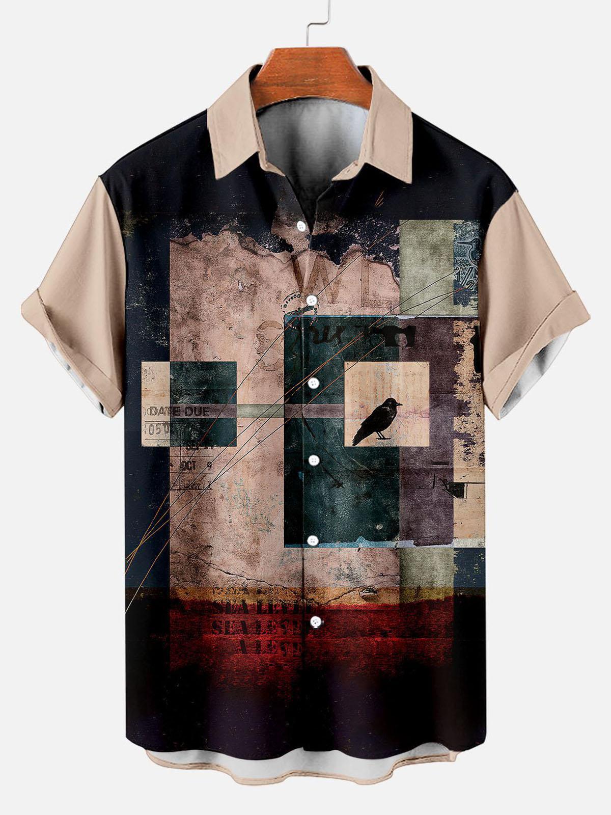 Vintage Men's Crow Pattern Short Sleeve Shirt