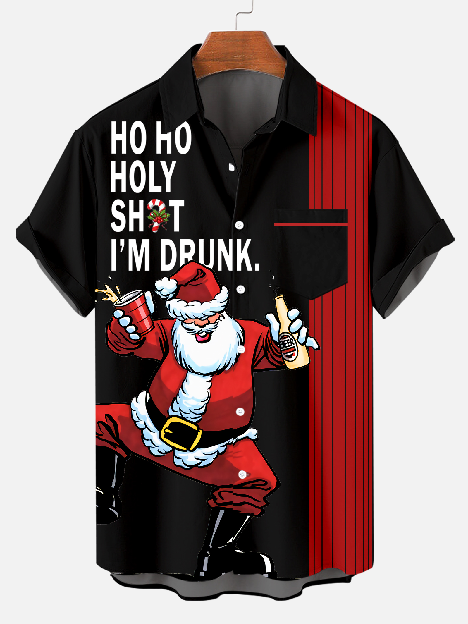 Men's Drink With Father Christmas Printed Short Sleeve Shirt