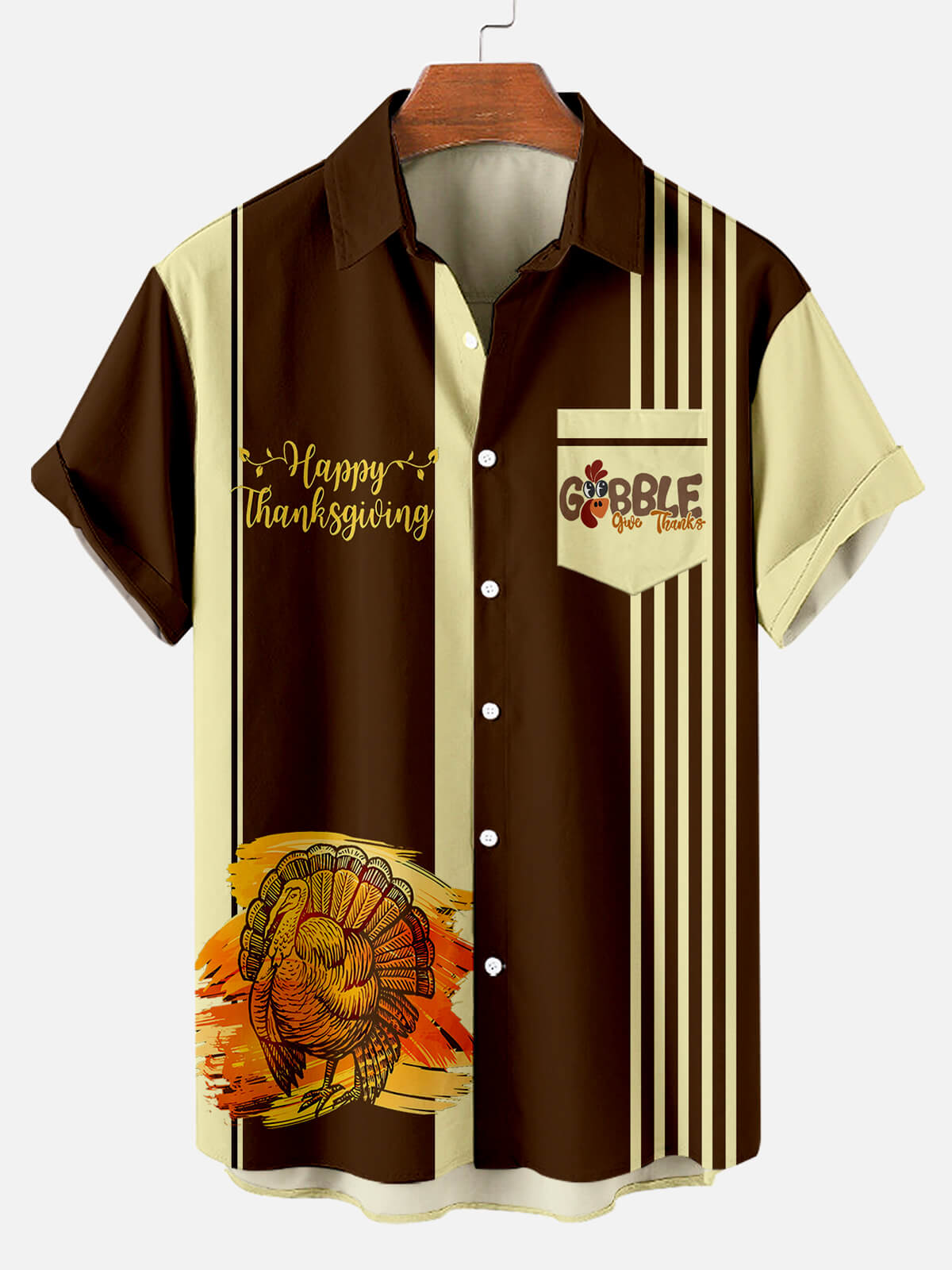 Men's Thanksgiving Turkey Fun Contrast Striped Short Sleeve Shirt