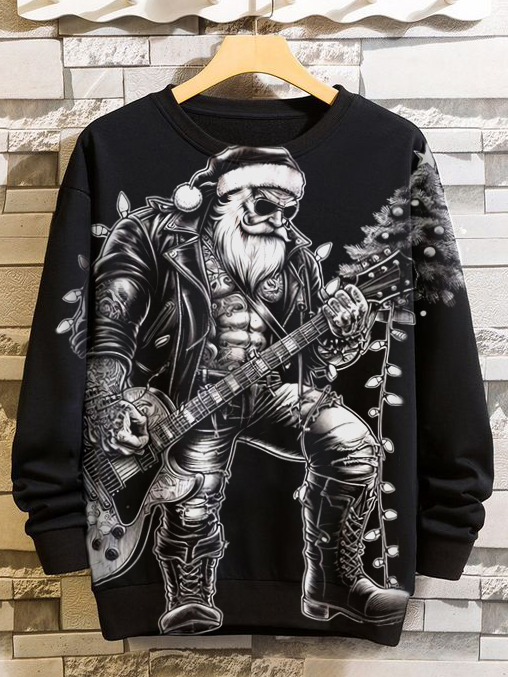 Men's Retro Christmas Punk Santa Claus Guitar Print Sweatshirt