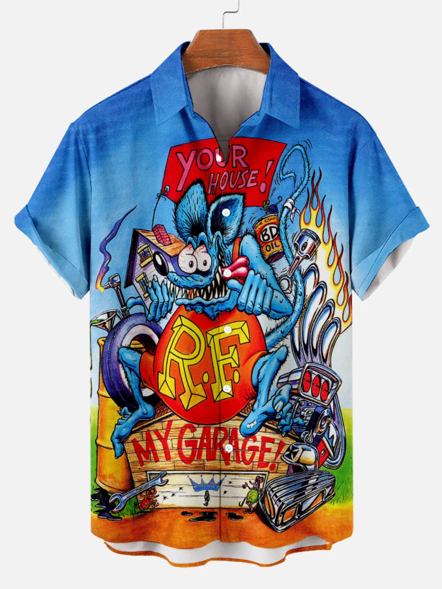 Men's Nostalgic Anime Character Retro Car Short Sleeve Shirt