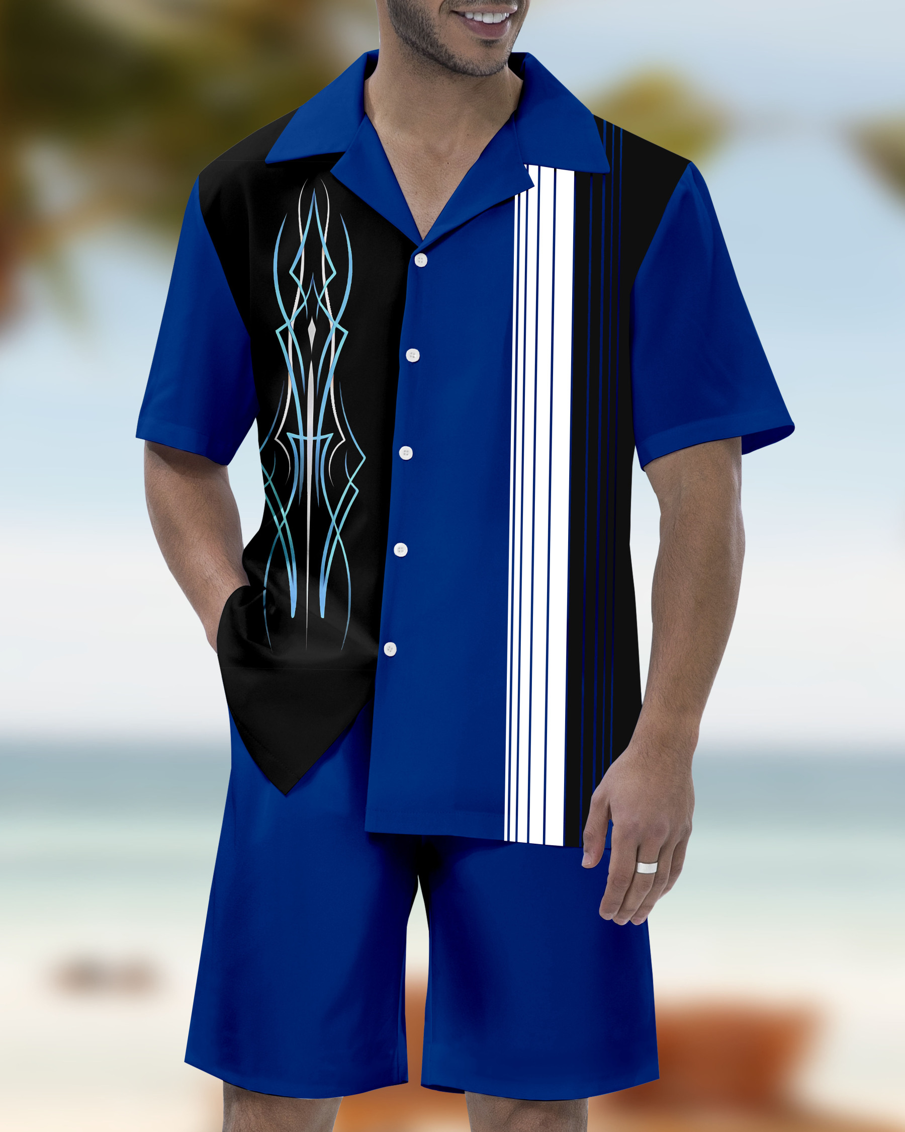 Men's Modified Car Party Hawaiian Cuban Collar Short Sleeve Shirt Set 02